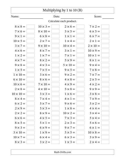 The Horizontally Arranged Multiplying up to 10 × 10 (100 Questions) (B) Math Worksheet