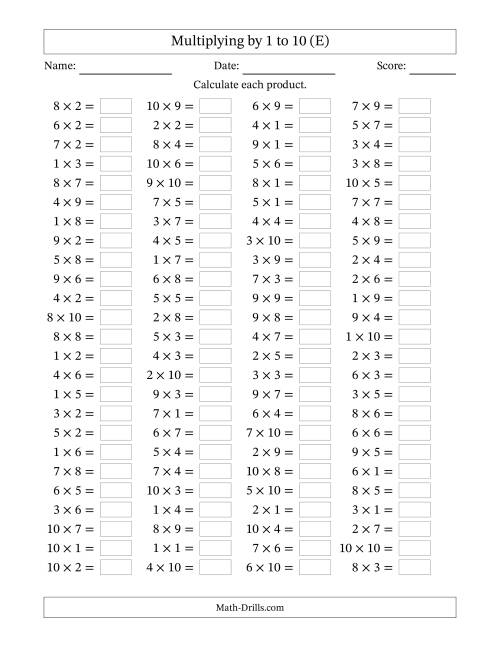 The Horizontally Arranged Multiplying up to 10 × 10 (100 Questions) (E) Math Worksheet