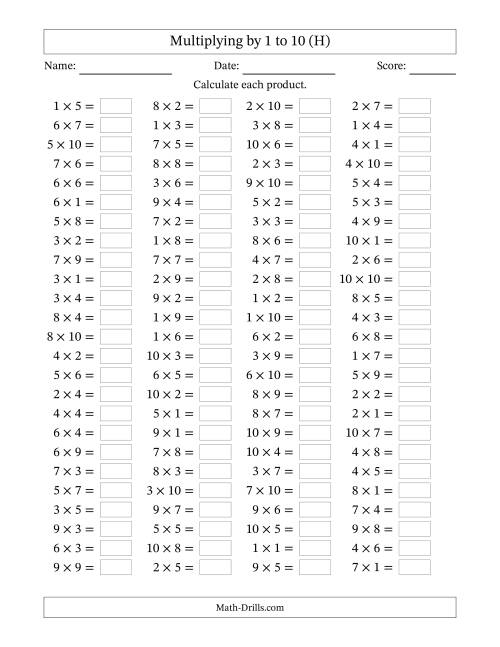 The Horizontally Arranged Multiplying up to 10 × 10 (100 Questions) (H) Math Worksheet