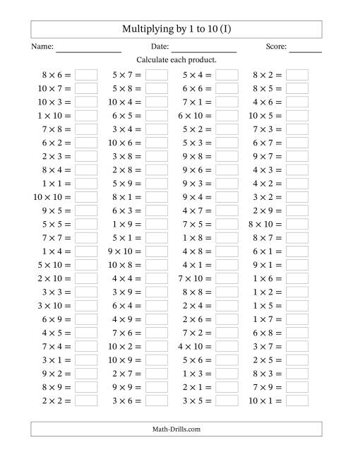 The 100 Horizontal Questions -- Multiplication Facts to 100 (I) Math Worksheet