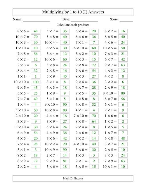 The 100 Horizontal Questions -- Multiplication Facts to 100 (I) Math Worksheet Page 2