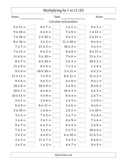 The Horizontally Arranged Multiplication Facts with Factors 1 to 11 and Products to 121 (100 Questions) (D) Math Worksheet