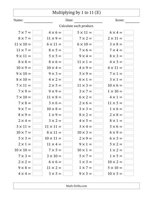 The Horizontally Arranged Multiplication Facts with Factors 1 to 11 and Products to 121 (100 Questions) (E) Math Worksheet