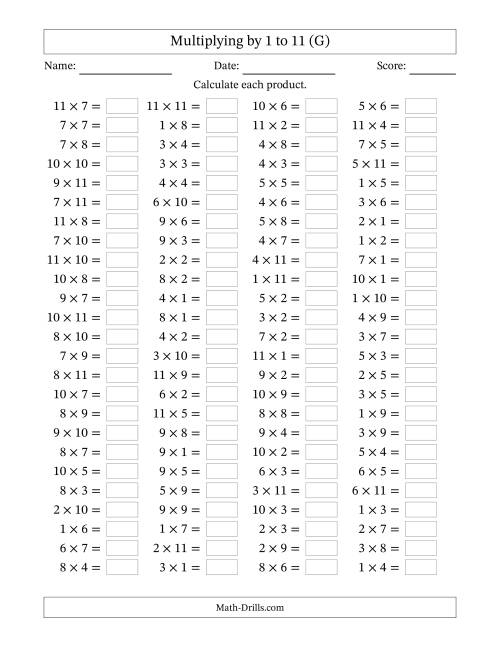 The Horizontally Arranged Multiplication Facts with Factors 1 to 11 and Products to 121 (100 Questions) (G) Math Worksheet