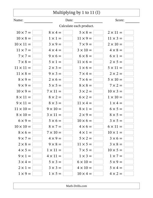 The Horizontally Arranged Multiplication Facts with Factors 1 to 11 and Products to 121 (100 Questions) (I) Math Worksheet