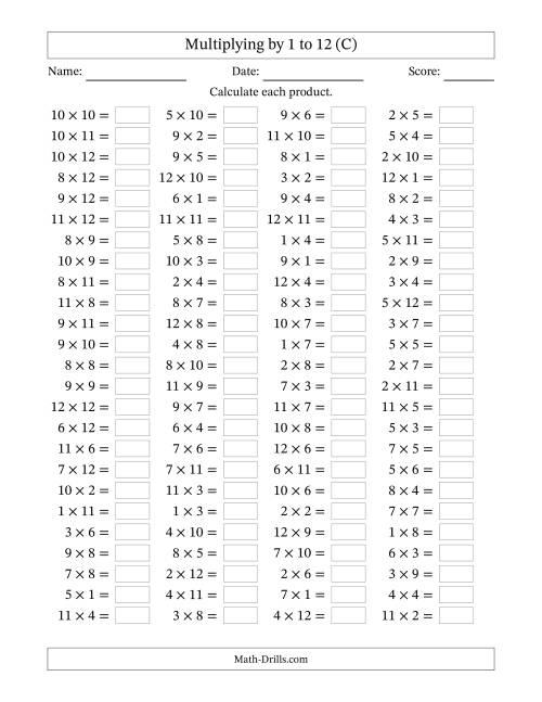 The Horizontally Arranged Multiplication Facts with Factors 1 to 12 and Products to 144 (100 Questions) (C) Math Worksheet