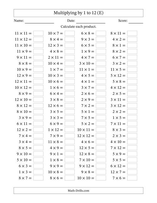 The Horizontally Arranged Multiplication Facts with Factors 1 to 12 and Products to 144 (100 Questions) (E) Math Worksheet