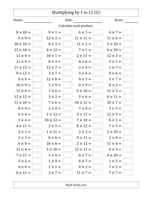 The Horizontally Arranged Multiplying up to 12 × 12 (100 Questions) (G) Math Worksheet