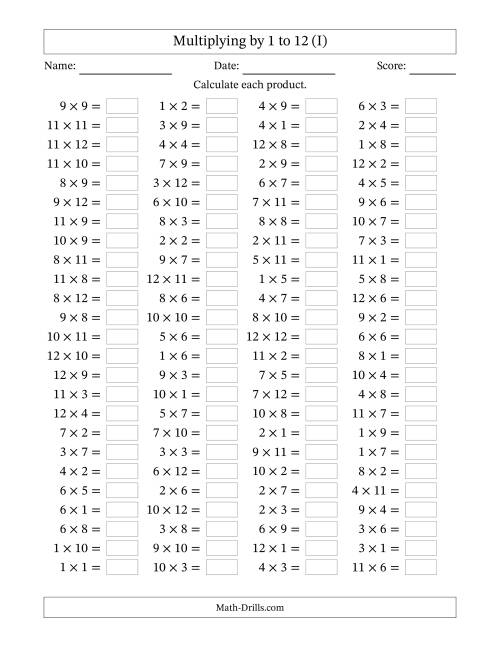 The Horizontally Arranged Multiplying up to 12 × 12 (100 Questions) (I) Math Worksheet