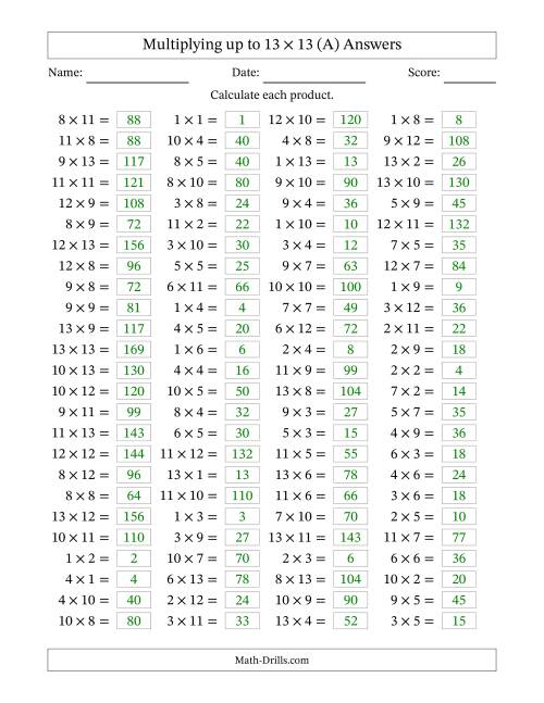 The 100 Horizontal Questions -- Multiplication Facts to 169 (A) Math Worksheet Page 2