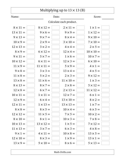 The Horizontally Arranged Multiplying up to 13 × 13 (100 Questions) (B) Math Worksheet