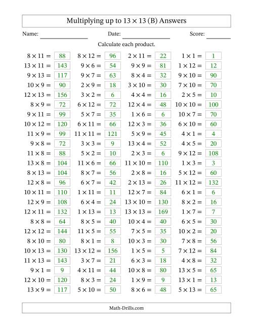The Horizontally Arranged Multiplying up to 13 × 13 (100 Questions) (B) Math Worksheet Page 2