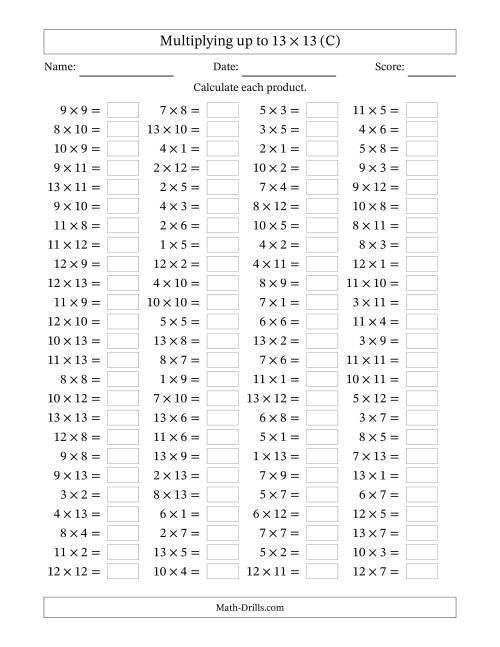The Horizontally Arranged Multiplying up to 13 × 13 (100 Questions) (C) Math Worksheet