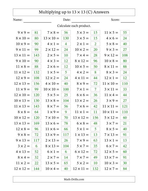 The Horizontally Arranged Multiplying up to 13 × 13 (100 Questions) (C) Math Worksheet Page 2