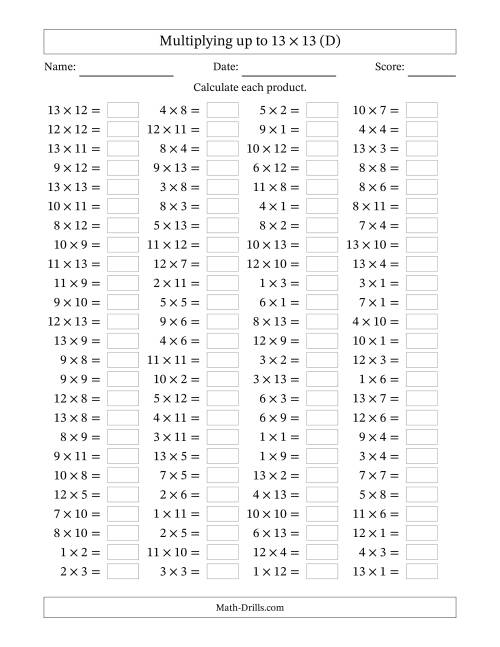The Horizontally Arranged Multiplying up to 13 × 13 (100 Questions) (D) Math Worksheet
