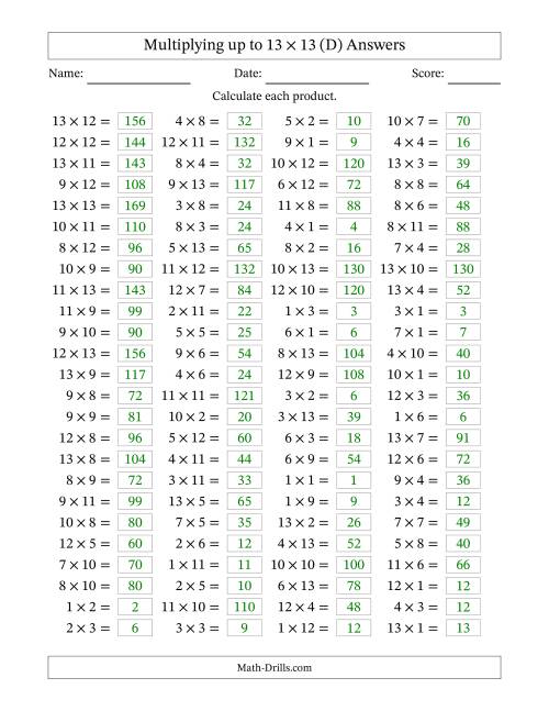 The Horizontally Arranged Multiplying up to 13 × 13 (100 Questions) (D) Math Worksheet Page 2