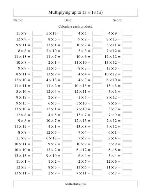 The Horizontally Arranged Multiplying up to 13 × 13 (100 Questions) (E) Math Worksheet
