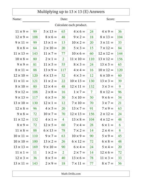 The Horizontally Arranged Multiplying up to 13 × 13 (100 Questions) (E) Math Worksheet Page 2