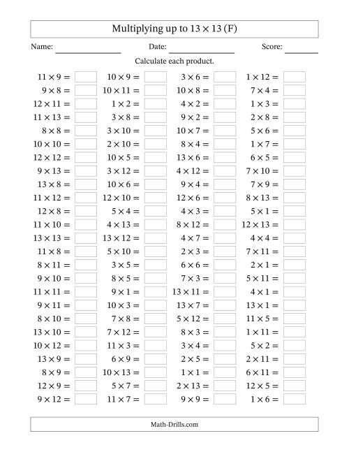 The Horizontally Arranged Multiplying up to 13 × 13 (100 Questions) (F) Math Worksheet