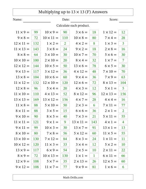 The Horizontally Arranged Multiplying up to 13 × 13 (100 Questions) (F) Math Worksheet Page 2