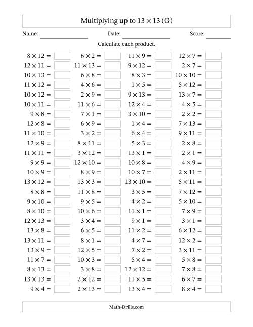 The Horizontally Arranged Multiplying up to 13 × 13 (100 Questions) (G) Math Worksheet