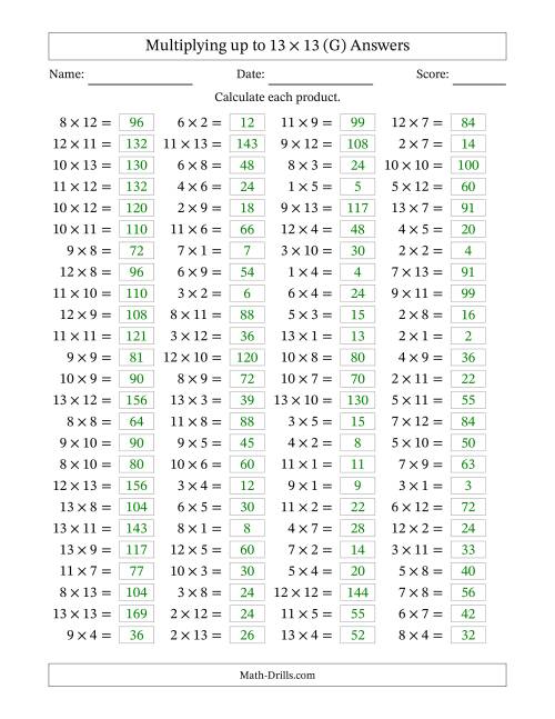 The Horizontally Arranged Multiplying up to 13 × 13 (100 Questions) (G) Math Worksheet Page 2
