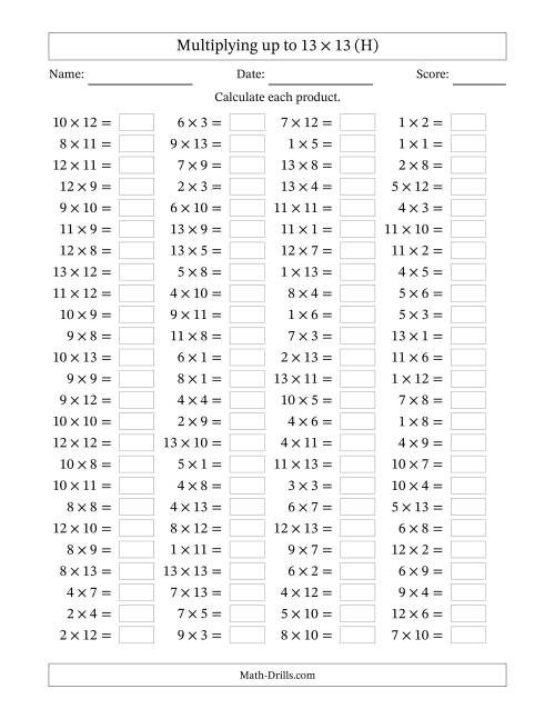 The Horizontally Arranged Multiplying up to 13 × 13 (100 Questions) (H) Math Worksheet