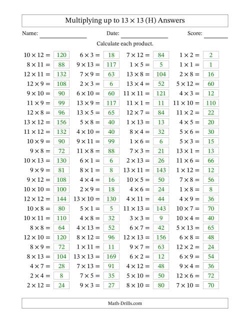 The Horizontally Arranged Multiplying up to 13 × 13 (100 Questions) (H) Math Worksheet Page 2