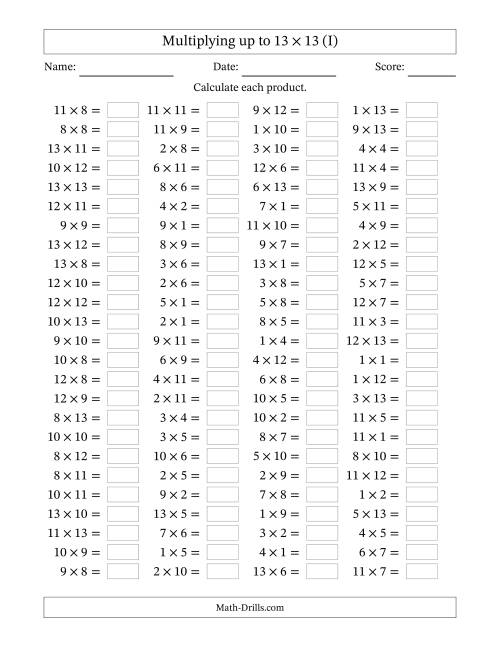 The Horizontally Arranged Multiplying up to 13 × 13 (100 Questions) (I) Math Worksheet