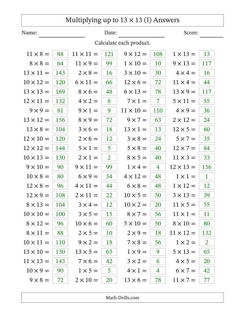 The Horizontally Arranged Multiplying up to 13 × 13 (100 Questions) (I) Math Worksheet Page 2