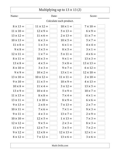The Horizontally Arranged Multiplying up to 13 × 13 (100 Questions) (J) Math Worksheet