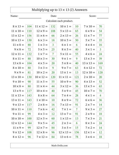 The Horizontally Arranged Multiplying up to 13 × 13 (100 Questions) (J) Math Worksheet Page 2