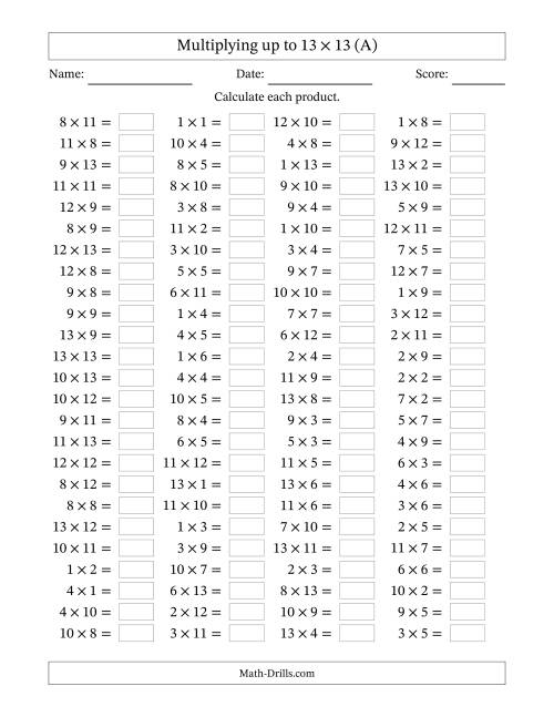 The Horizontally Arranged Multiplying up to 13 × 13 (100 Questions) (All) Math Worksheet