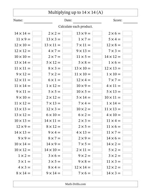 The 100 Horizontal Questions -- Multiplication Facts to 196 (A) Math Worksheet