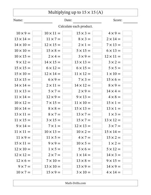 The 100 Horizontal Questions -- Multiplication Facts to 225 (A) Math Worksheet