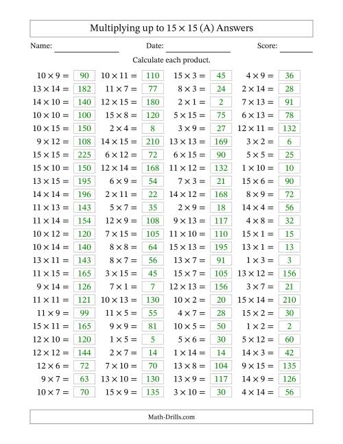 The 100 Horizontal Questions -- Multiplication Facts to 225 (A) Math Worksheet Page 2