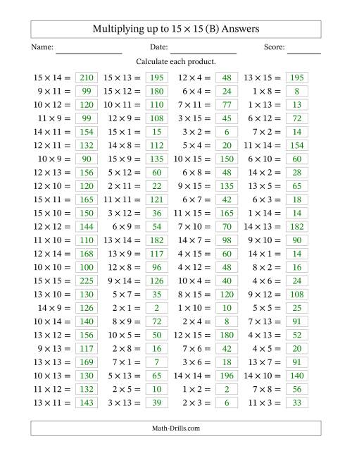 The 100 Horizontal Questions -- Multiplication Facts to 225 (B) Math Worksheet Page 2