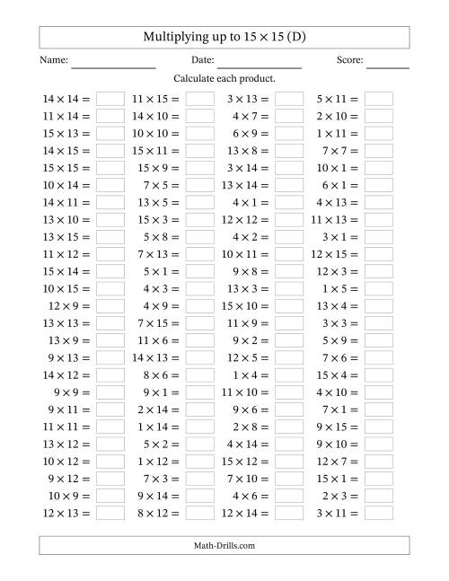 The 100 Horizontal Questions -- Multiplication Facts to 225 (D) Math Worksheet