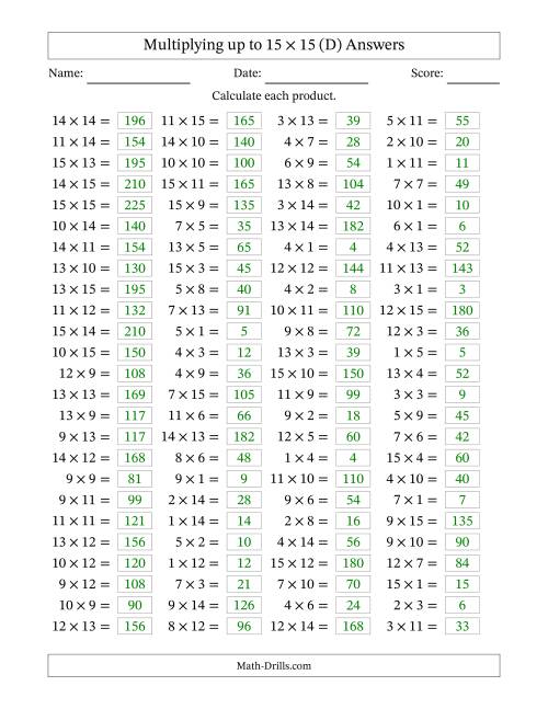 The 100 Horizontal Questions -- Multiplication Facts to 225 (D) Math Worksheet Page 2