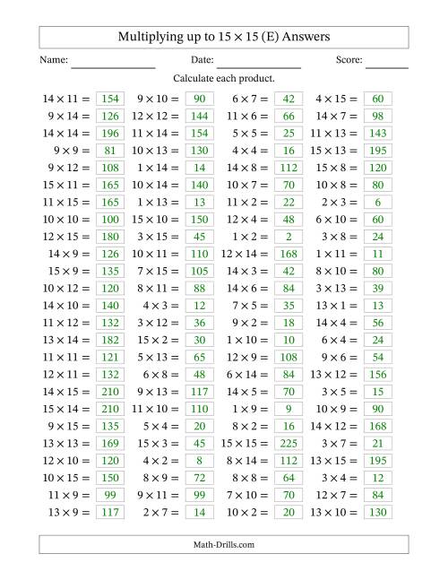 The 100 Horizontal Questions -- Multiplication Facts to 225 (E) Math Worksheet Page 2