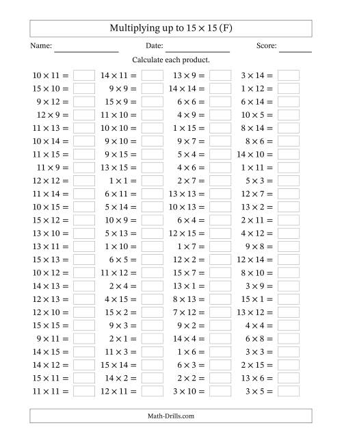 The Horizontally Arranged Multiplying up to 15 × 15 (100 Questions) (F) Math Worksheet