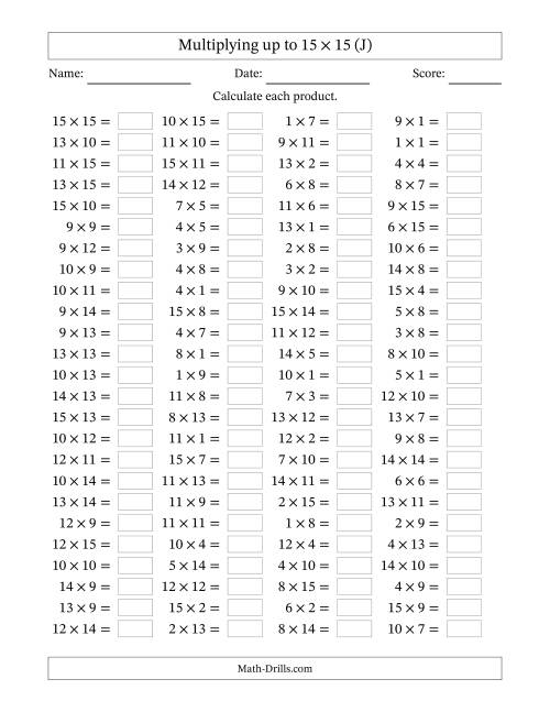 The 100 Horizontal Questions -- Multiplication Facts to 225 (J) Math Worksheet