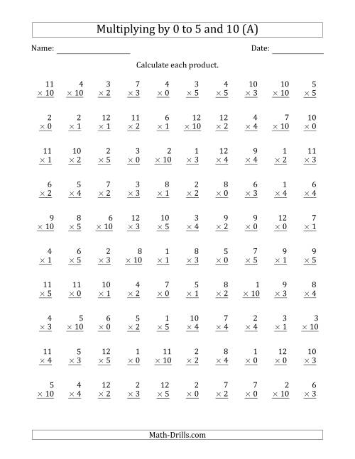 The Multiplying by Anchor Facts 0, 1, 2, 3, 4, 5 and 10 (Other Factor 1 to 12) (A) Math Worksheet