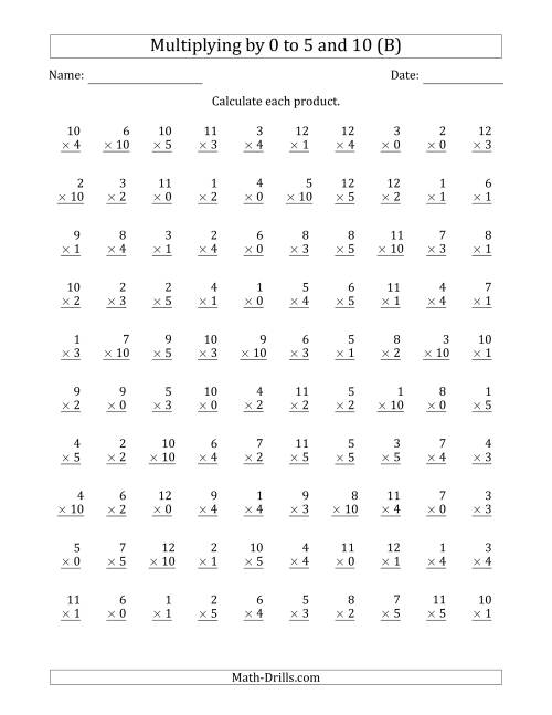 The Multiplying by Anchor Facts 0, 1, 2, 3, 4, 5 and 10 (Other Factor 1 to 12) (B) Math Worksheet