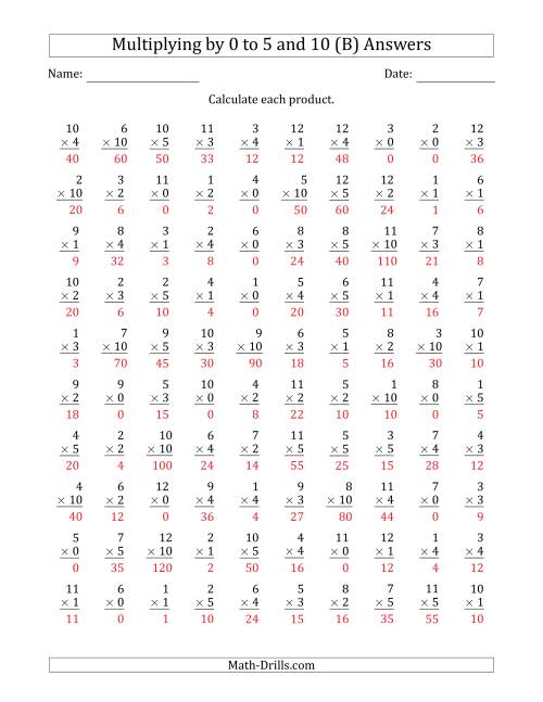 The Multiplying by Anchor Facts 0, 1, 2, 3, 4, 5 and 10 (Other Factor 1 to 12) (B) Math Worksheet Page 2