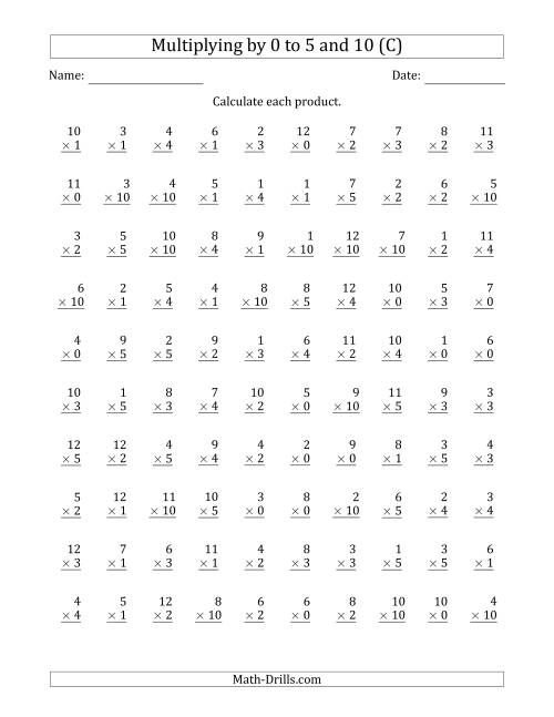 The Multiplying by Anchor Facts 0, 1, 2, 3, 4, 5 and 10 (Other Factor 1 to 12) (C) Math Worksheet