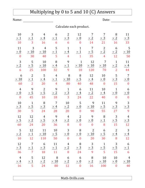 The Multiplying by Anchor Facts 0, 1, 2, 3, 4, 5 and 10 (Other Factor 1 to 12) (C) Math Worksheet Page 2