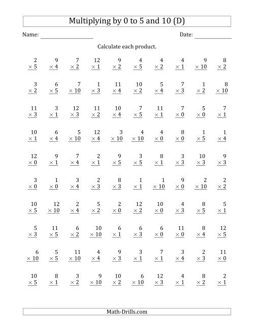The Multiplying by Anchor Facts 0, 1, 2, 3, 4, 5 and 10 (Other Factor 1 to 12) (D) Math Worksheet