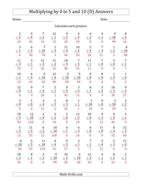 The Multiplying by Anchor Facts 0, 1, 2, 3, 4, 5 and 10 (Other Factor 1 to 12) (D) Math Worksheet Page 2
