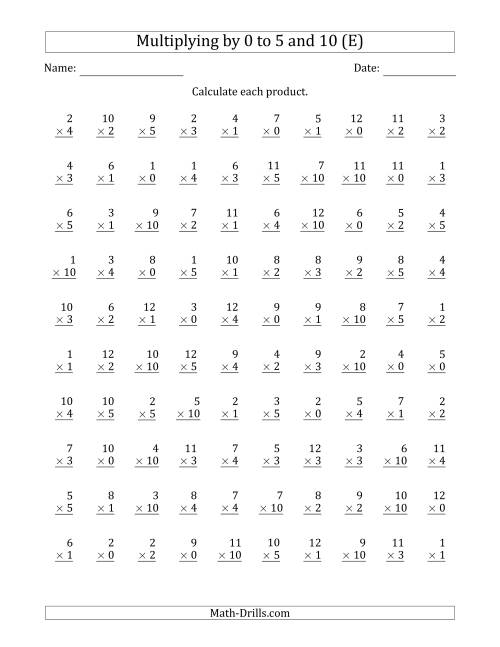 The Multiplying by Anchor Facts 0, 1, 2, 3, 4, 5 and 10 (Other Factor 1 to 12) (E) Math Worksheet